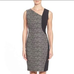 Elie Tahari Lyndsey Tweed Mixed Media Sheath Dress Midi size 8 Black Cream $398